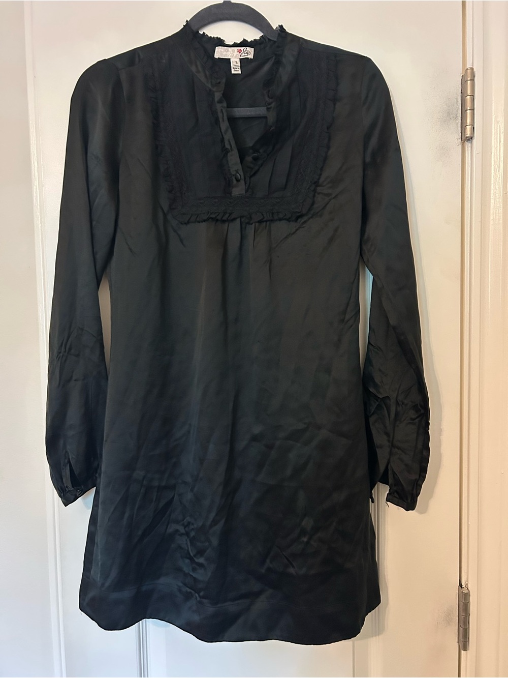 Joie Black Long Sleeve Ruffle-Trim Silk Dress Size Small